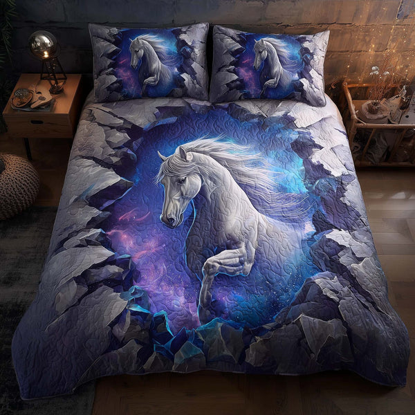 Majestic Horse quilted 3-piece bedding set on a made bed in a rustic timber bedroom