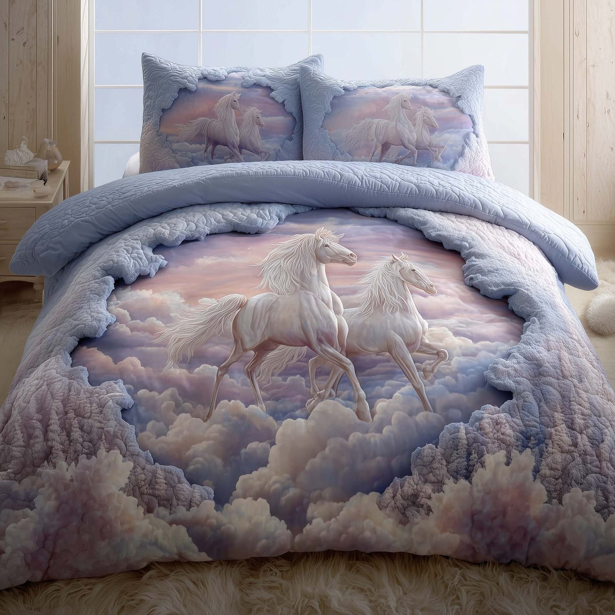 Majestic Horse quilted 3-piece bedding set on a made bed in a rustic timber bedroom