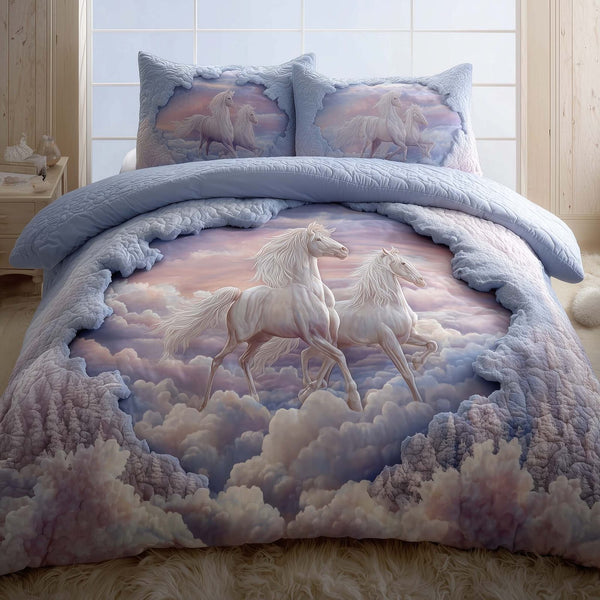 Majestic Horse quilted 3-piece bedding set on a made bed in a rustic timber bedroom