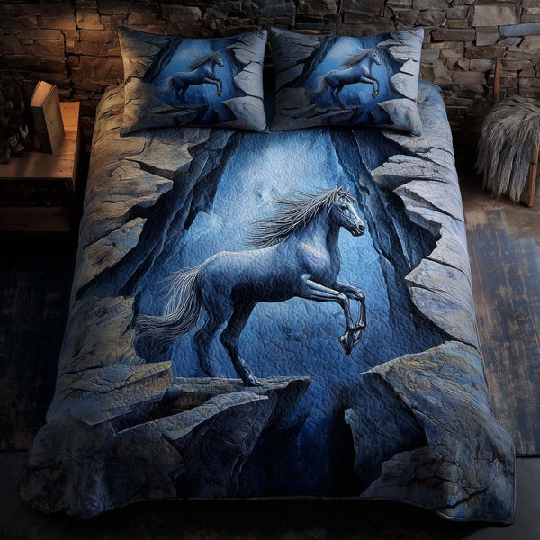 Majestic Horse quilted 3-piece bedding set on a made bed in a rustic timber bedroom