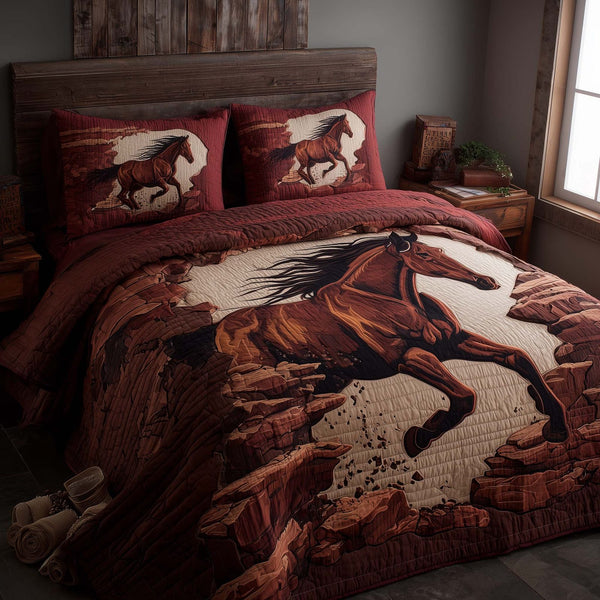 Majestic Horse quilted 3-piece bedding set on a made bed in a rustic timber bedroom