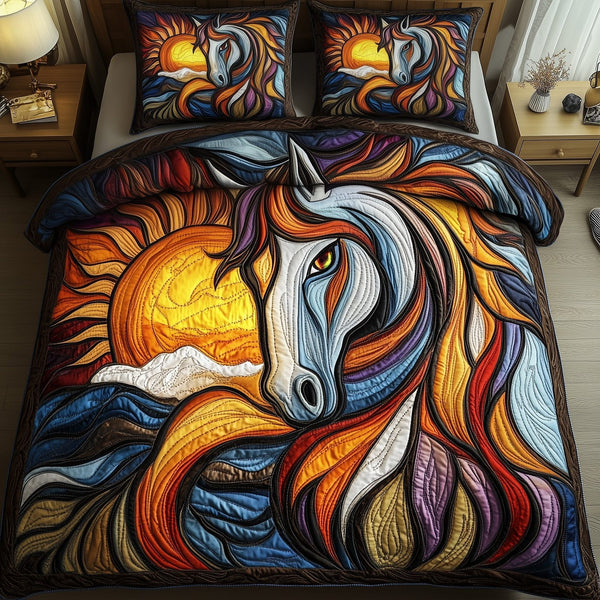 Majestic Horse quilted 3-piece bedding set on a made bed in a rustic timber bedroom