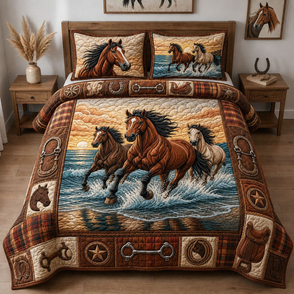 Majestic Horse quilted 3-piece bedding set on a made bed in a rustic timber bedroom