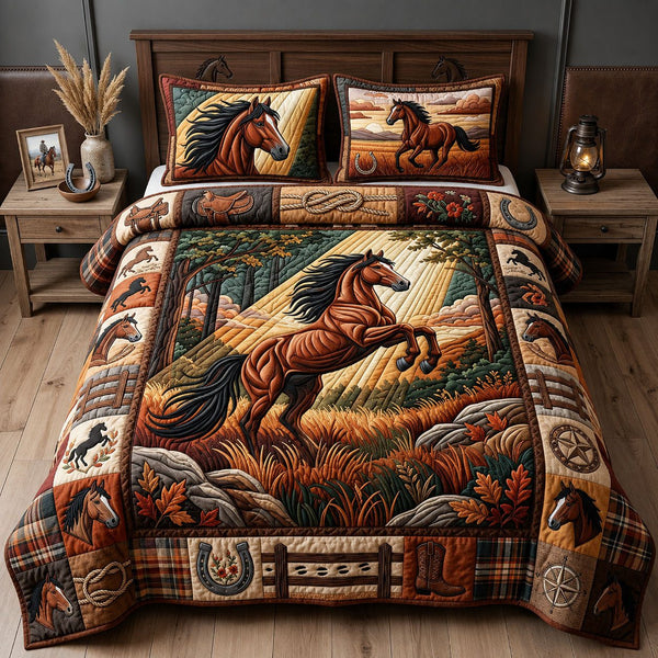 Majestic Horse quilted 3-piece bedding set on a made bed in a rustic timber bedroom