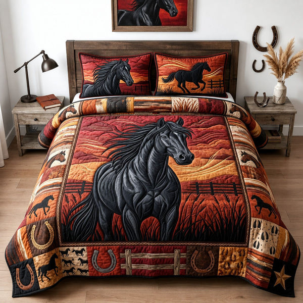 Majestic Horse quilted 3-piece bedding set on a made bed in a rustic timber bedroom