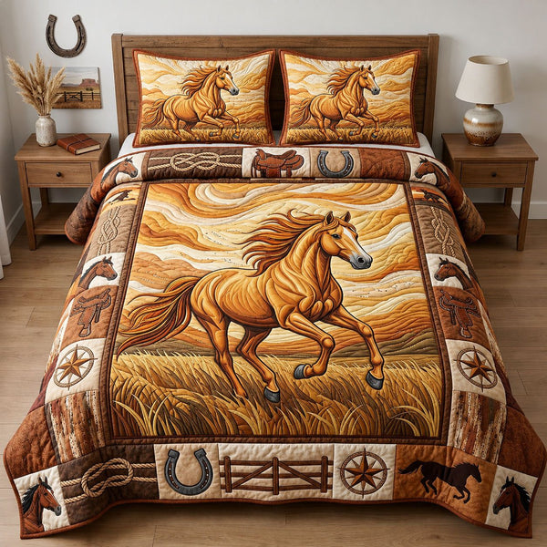 Majestic Horse quilted 3-piece bedding set on a made bed in a rustic timber bedroom