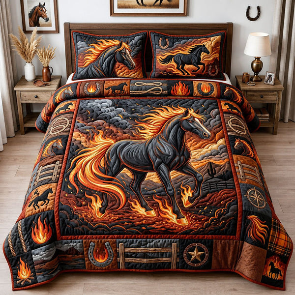Majestic Horse quilted 3-piece bedding set on a made bed in a rustic timber bedroom