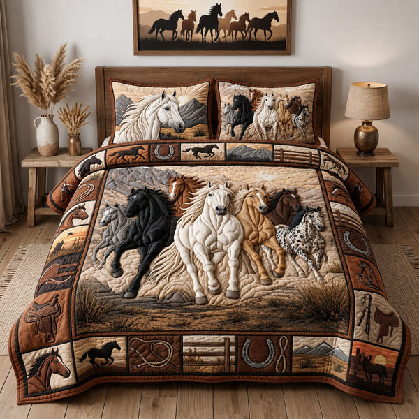 Majestic Horse quilted 3-piece bedding set on a made bed in a rustic timber bedroom