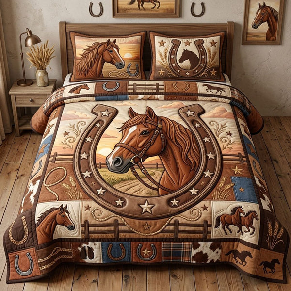 Majestic Horse quilted 3-piece bedding set on a made bed in a rustic timber bedroom