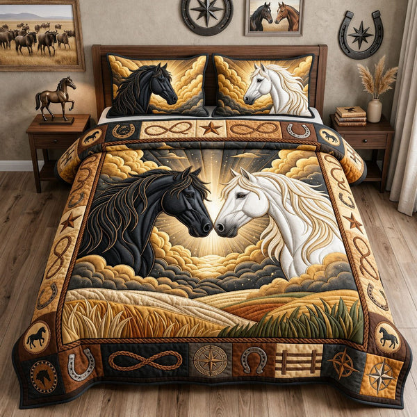 Majestic Horse quilted 3-piece bedding set on a made bed in a rustic timber bedroom