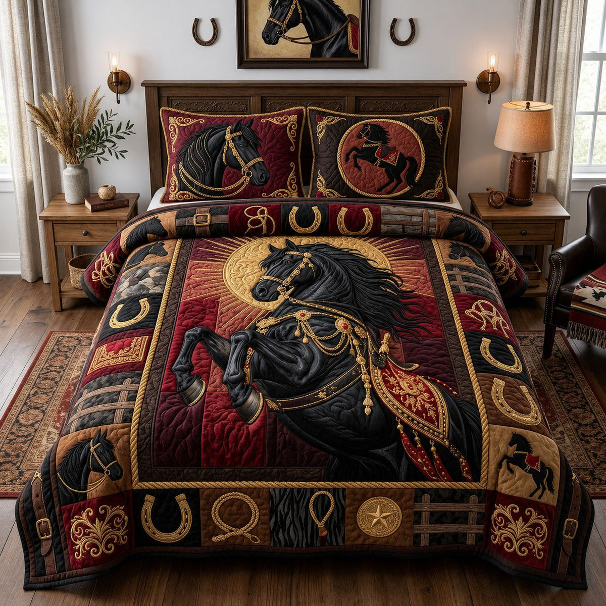 Majestic Horse quilted 3-piece bedding set on a made bed in a rustic timber bedroom