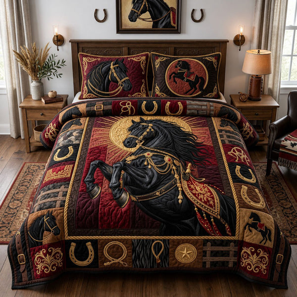 Majestic Horse quilted 3-piece bedding set on a made bed in a rustic timber bedroom