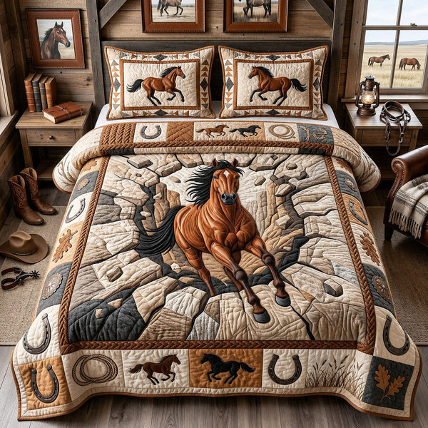 Majestic Horse quilted 3-piece bedding set on a made bed in a rustic timber bedroom