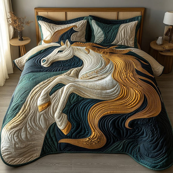 Majestic Horse quilted 3-piece bedding set on a made bed in a rustic timber bedroom