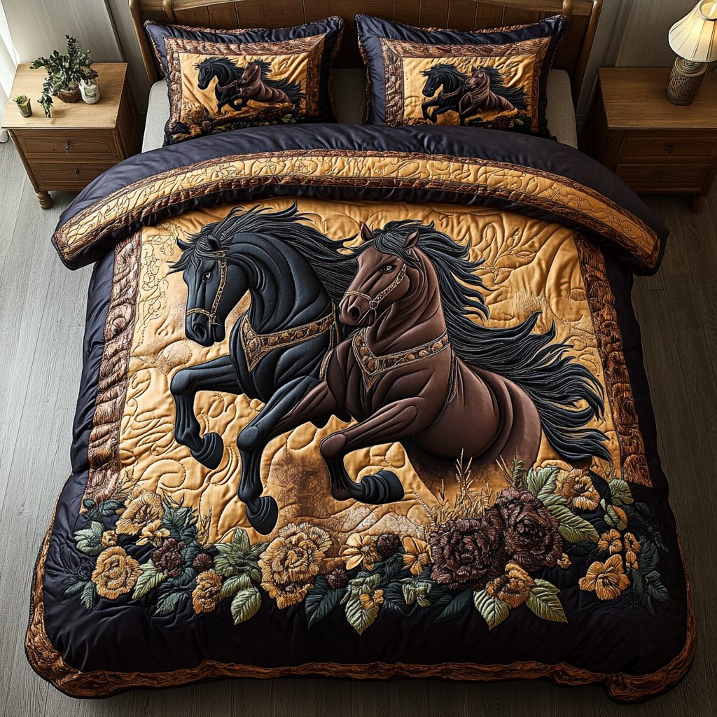 Majestic Horse quilted 3-piece bedding set on a made bed in a rustic timber bedroom