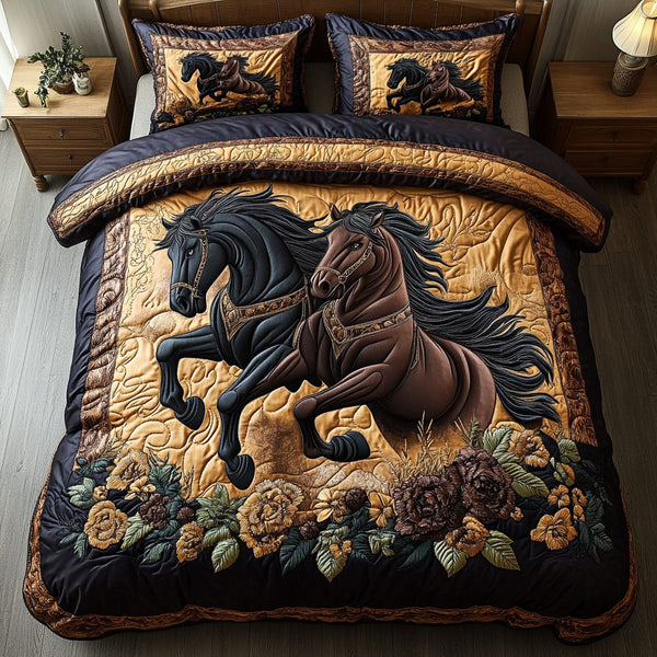 Majestic Horse quilted 3-piece bedding set on a made bed in a rustic timber bedroom