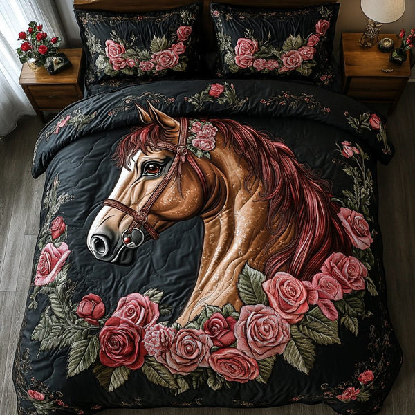 Majestic Horse quilted 3-piece bedding set on a made bed in a rustic timber bedroom