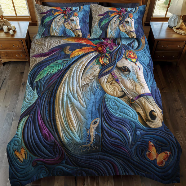 Majestic Horse quilted 3-piece bedding set on a made bed in a rustic timber bedroom