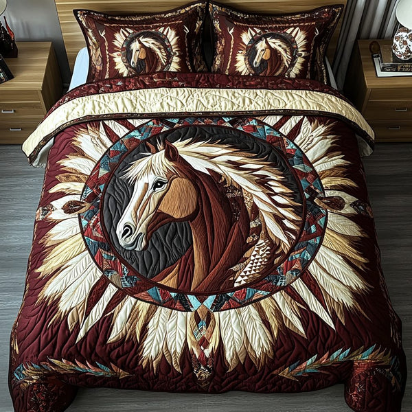 Majestic Horse quilted 3-piece bedding set on a made bed in a rustic timber bedroom
