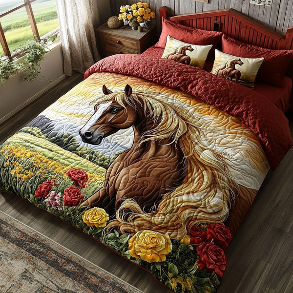 Majestic Horse v2 quilted 3-piece bedding set on a made bed in a rustic timber bedroom