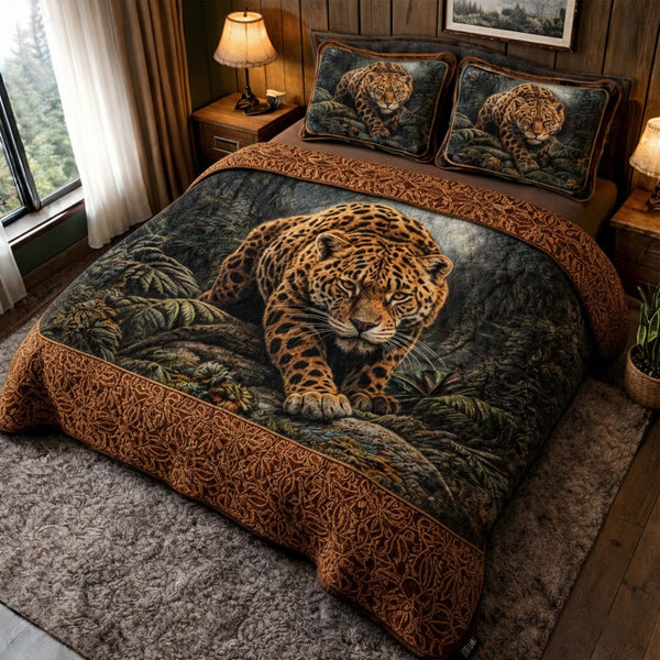Majestic Jaguar quilted 3-piece bedding set on a made bed with two matching pillow shams
