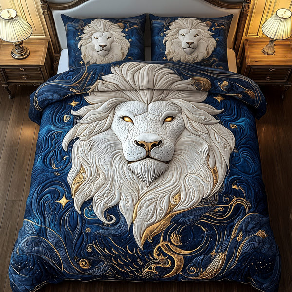 Majestic Leo Zodiac Sign quilted 3-piece bedding set on a made bed with two matching pillow shams