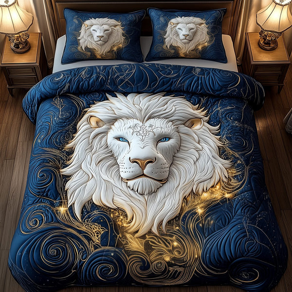 Majestic Leo Zodiac Sign quilted 3-piece bedding set on a made bed with two matching pillow shams