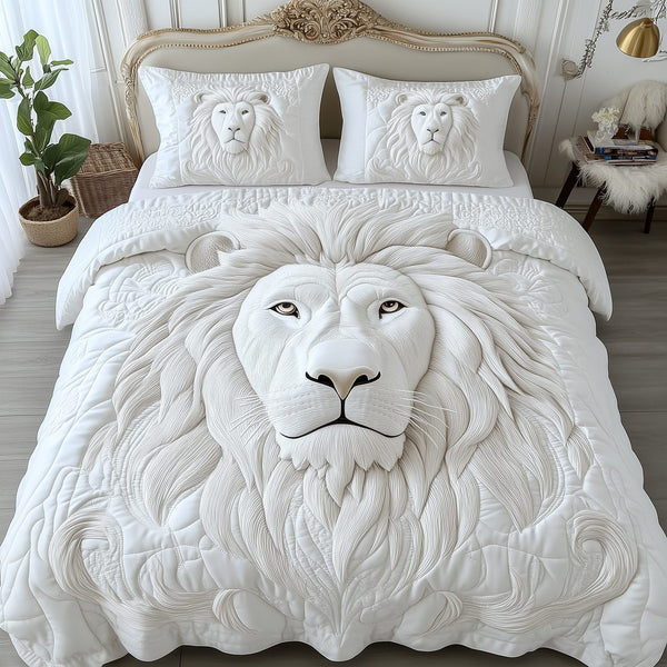 Majestic Lion King quilted 3-piece bedding set on a made bed with two matching pillow shams