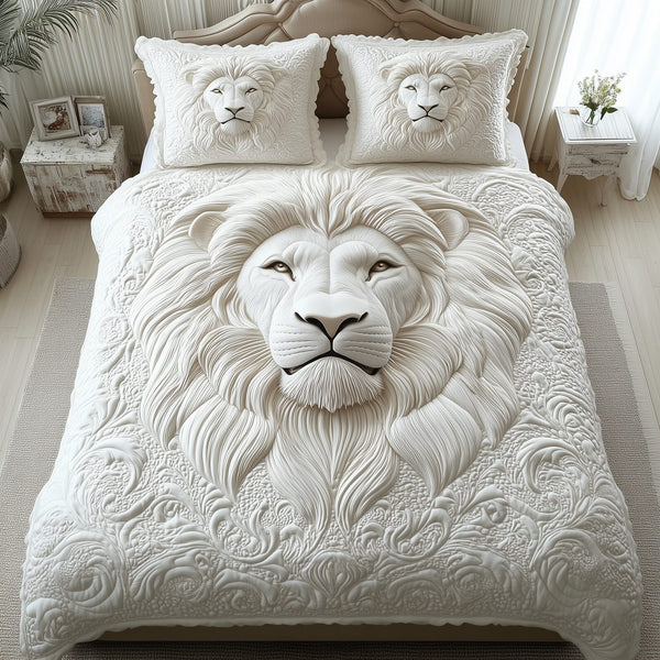 Majestic Lion King quilted 3-piece bedding set on a made bed with two matching pillow shams