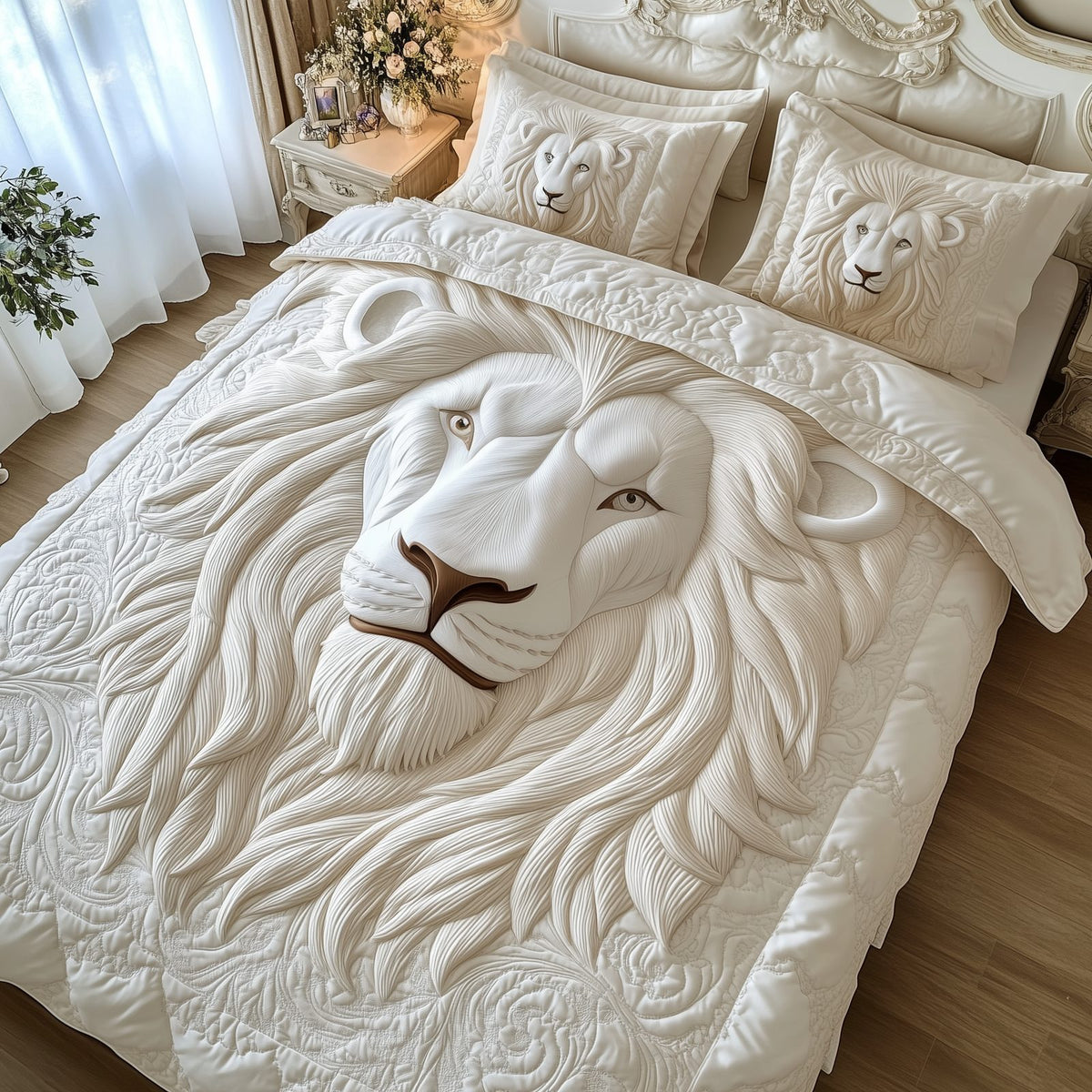 Majestic Lion King quilted 3-piece bedding set on a made bed with two matching pillow shams