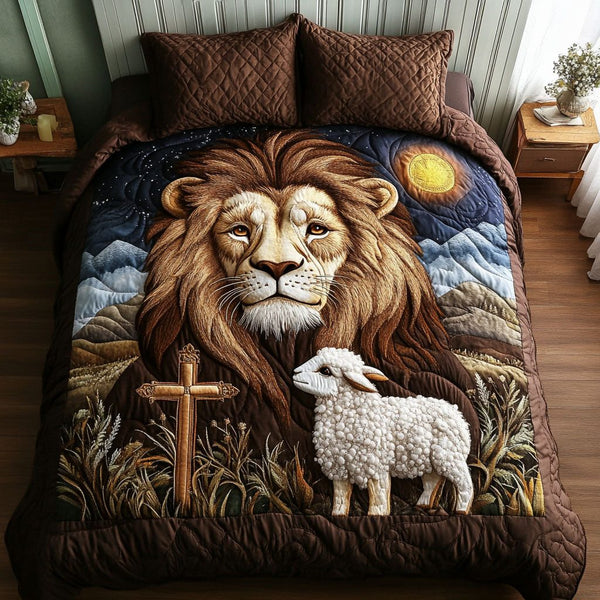 Majestic Lion Lamb quilted 3-piece bedding set on a made bed with two matching pillow shams