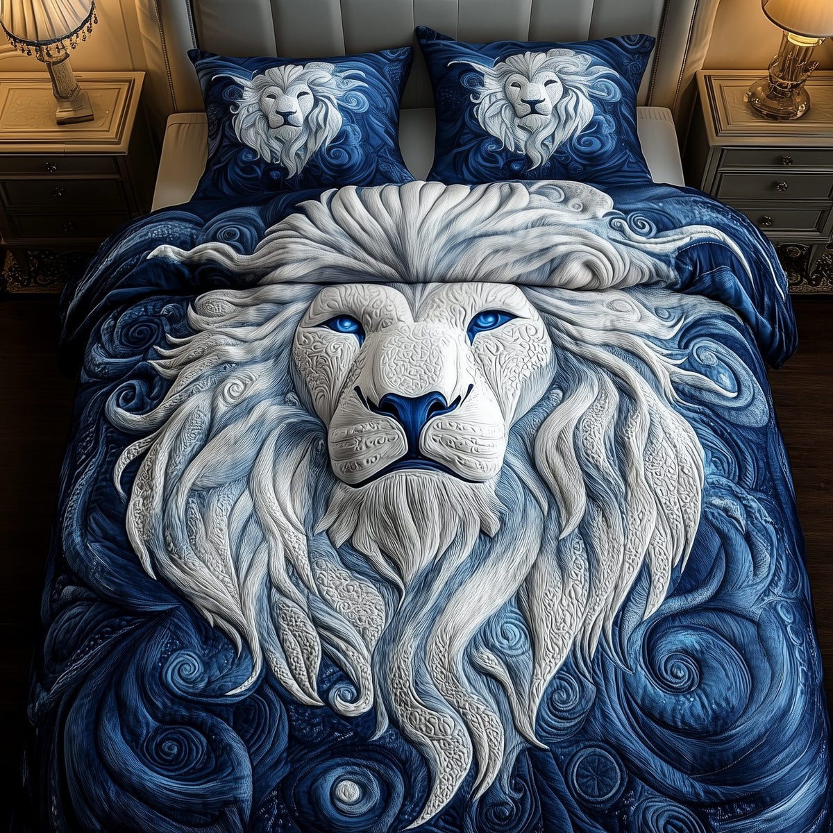 Majestic Lion quilted 3-piece bedding set on a made bed with two matching pillow shams