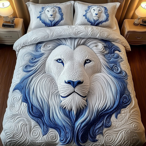Majestic Lion quilted 3-piece bedding set on a made bed with two matching pillow shams
