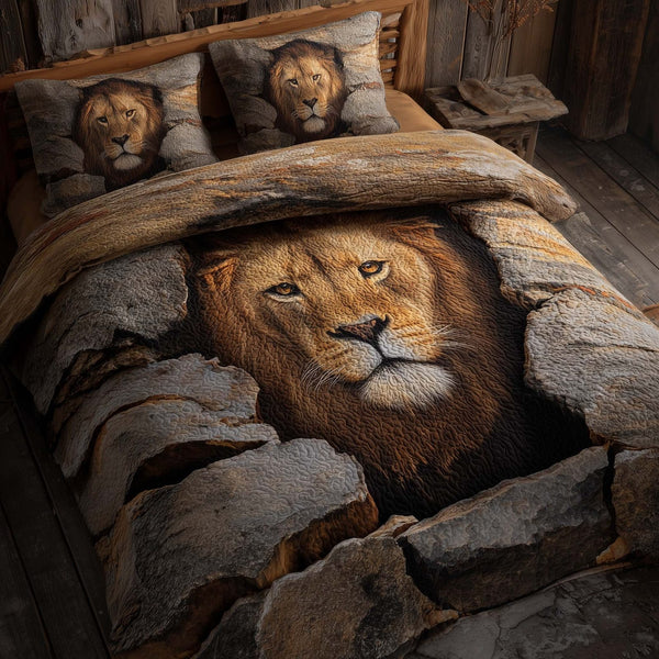 Majestic Lion quilted 3-piece bedding set on a made bed with two matching pillow shams