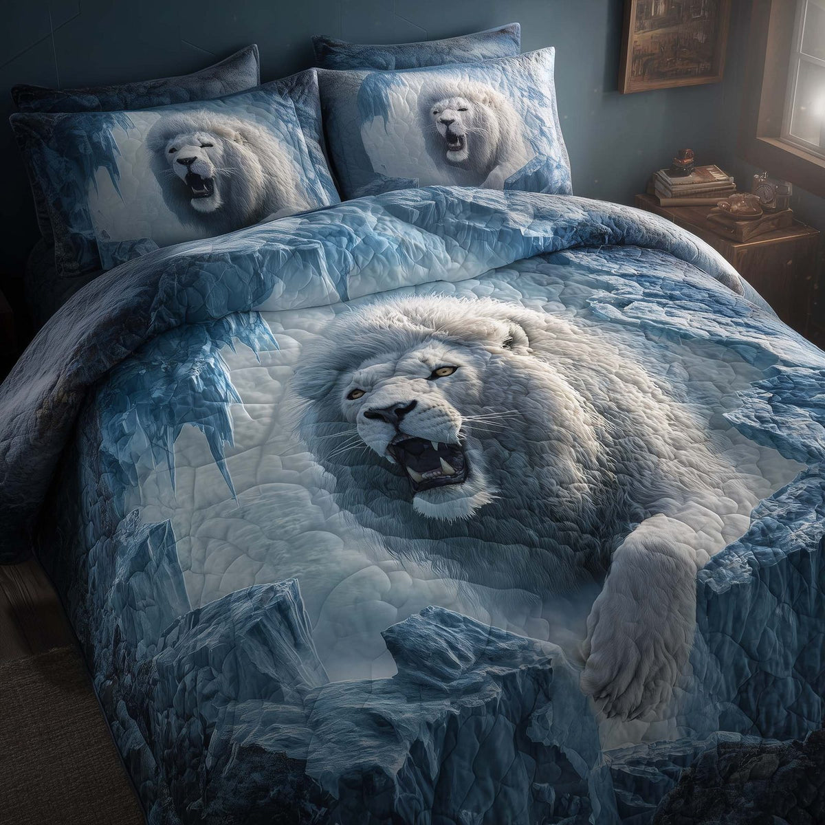 Majestic Lion quilted 3-piece bedding set on a made bed with two matching pillow shams