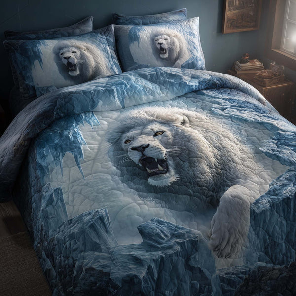 Majestic Lion quilted 3-piece bedding set on a made bed with two matching pillow shams