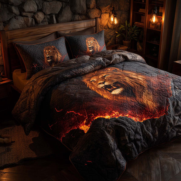 Majestic Lion quilted 3-piece bedding set on a made bed with two matching pillow shams