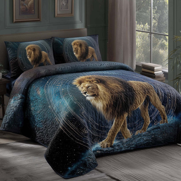 Majestic Lion quilted 3-piece bedding set on a made bed with two matching pillow shams