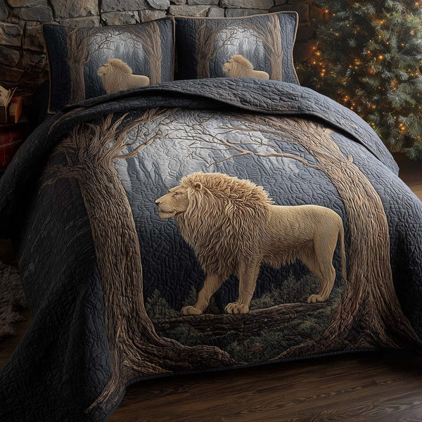 Majestic Lion quilted 3-piece bedding set on a made bed with two matching pillow shams