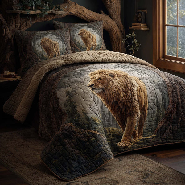 Majestic Lion quilted 3-piece bedding set on a made bed with two matching pillow shams