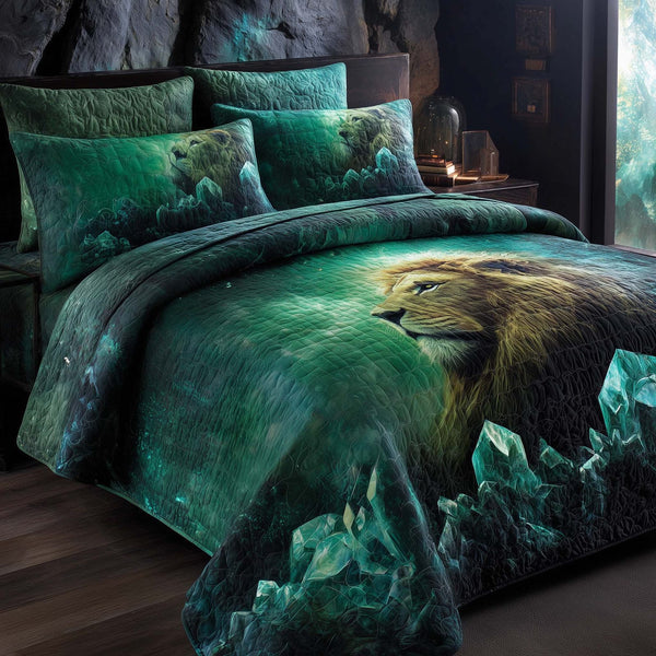Majestic Lion quilted 3-piece bedding set on a made bed with two matching pillow shams