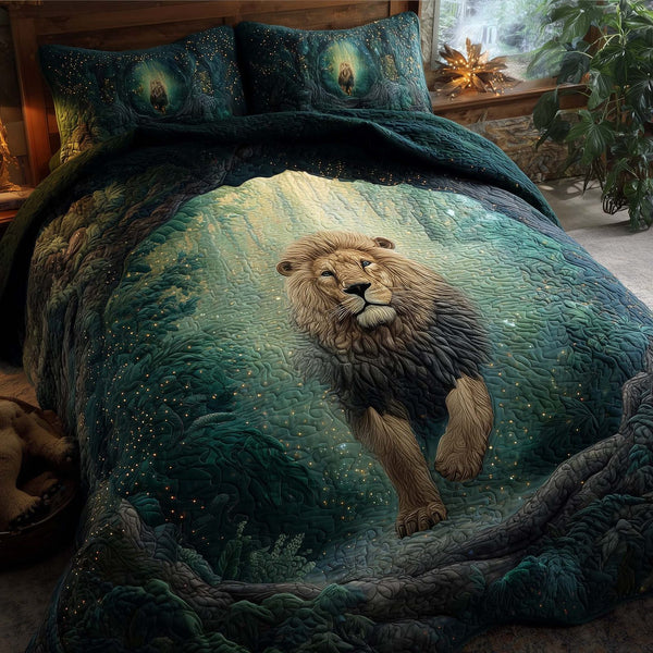Majestic Lion quilted 3-piece bedding set on a made bed with two matching pillow shams