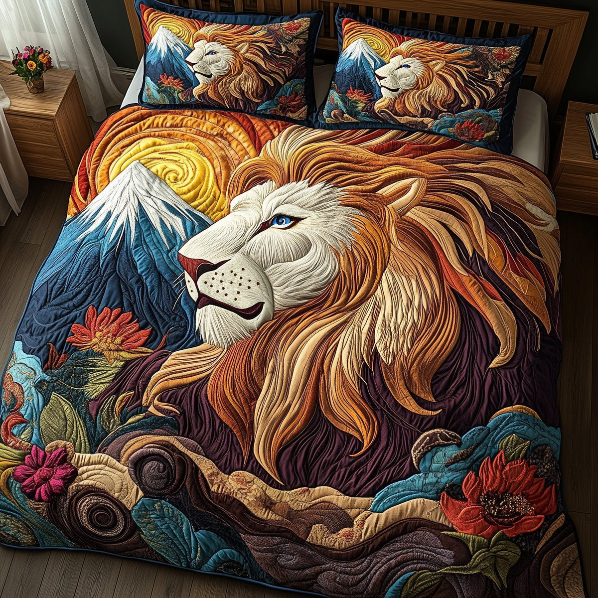 Majestic Lion quilted 3-piece bedding set on a made bed with two matching pillow shams