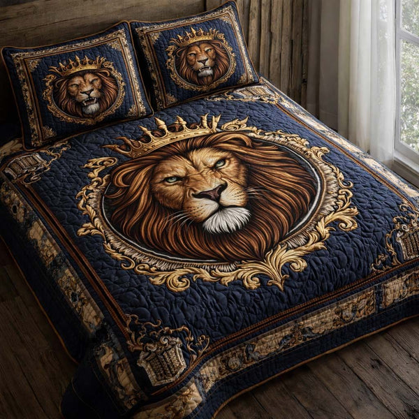 Majestic Lion quilted 3-piece bedding set on a made bed with two matching pillow shams