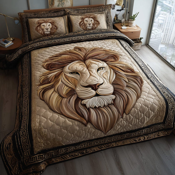 Majestic Lion quilted 3-piece bedding set on a made bed with two matching pillow shams