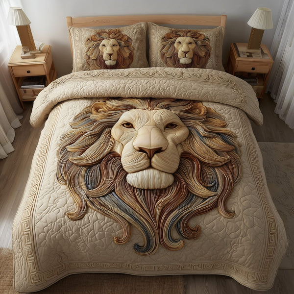 Majestic Lion quilted 3-piece bedding set on a made bed with two matching pillow shams