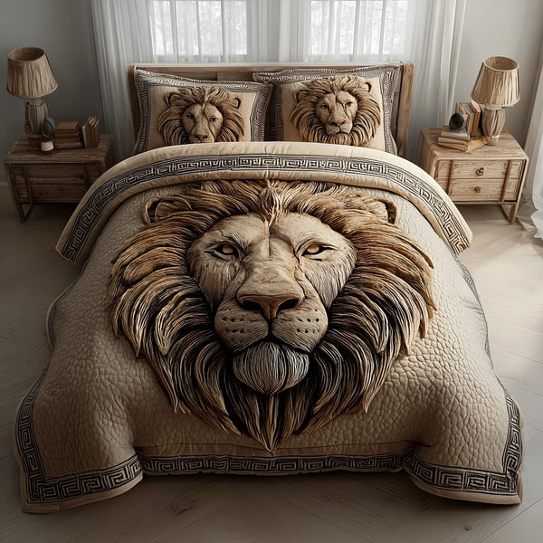 Majestic Lion quilted 3-piece bedding set on a made bed with two matching pillow shams