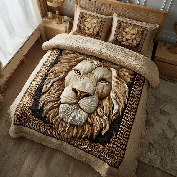 Majestic Lion quilted 3-piece bedding set on a made bed with two matching pillow shams
