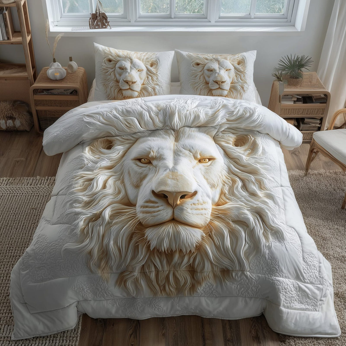 Majestic Lion quilted 3-piece bedding set on a made bed with two matching pillow shams
