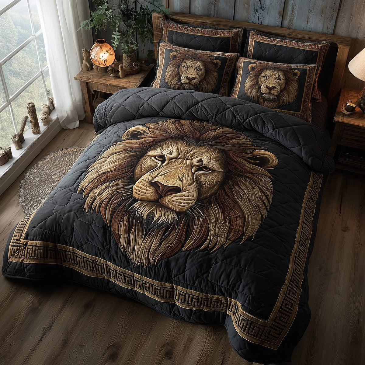 Majestic Lion quilted 3-piece bedding set on a made bed with two matching pillow shams